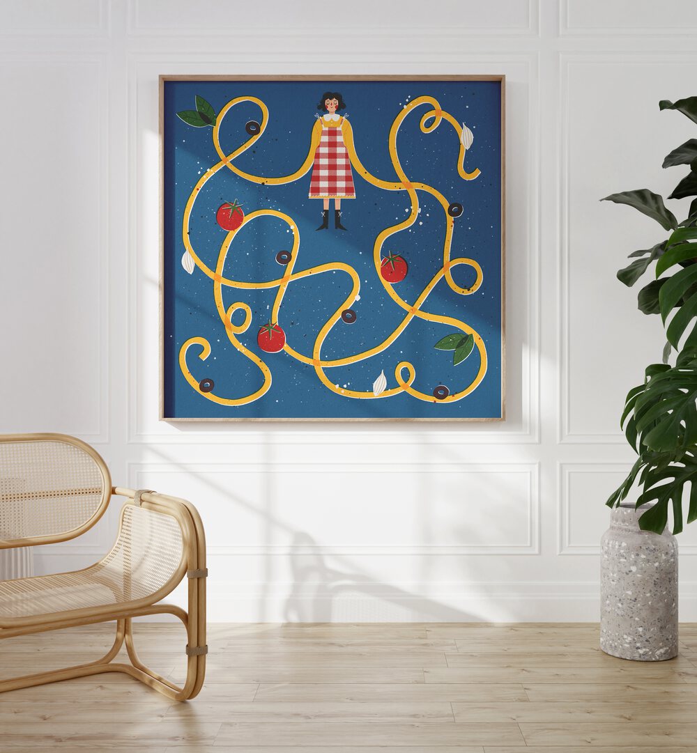 Spaghetti Sleeves By Julia Leister Kitchen Art Prints in Oak Wood Plain Frame on a white wall placed beside a chair