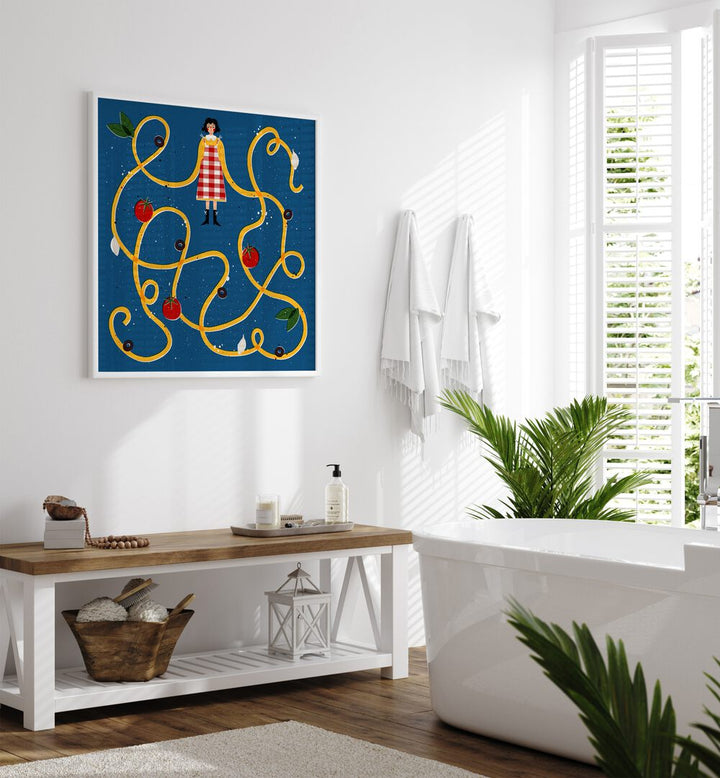 Spaghetti Sleeves By Julia Leister Kitchen Art Prints in White Plain Frame on a white wall placed in a bathroom