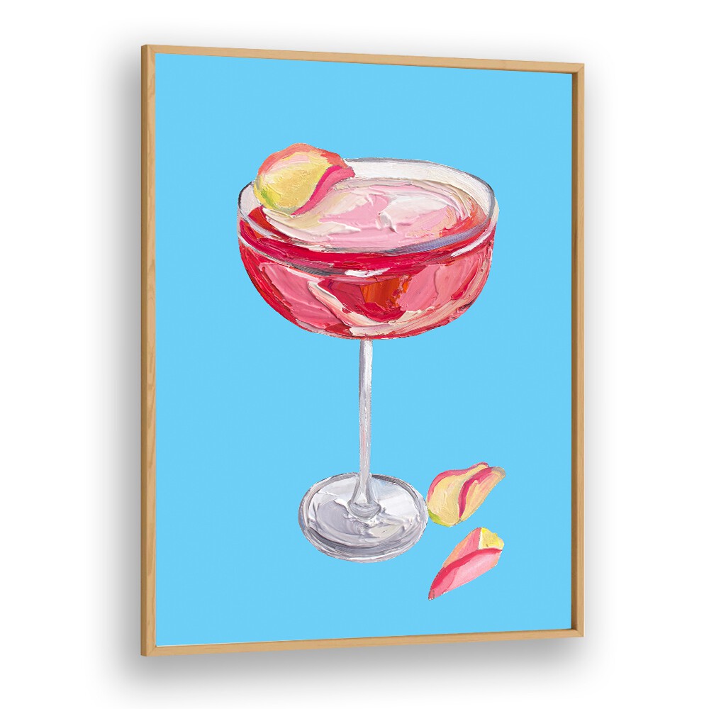 Sparkling Rose Gin Cocktail by Alice Straker Bar Posters Bar Art Prints in Oak Wood Plain Frame