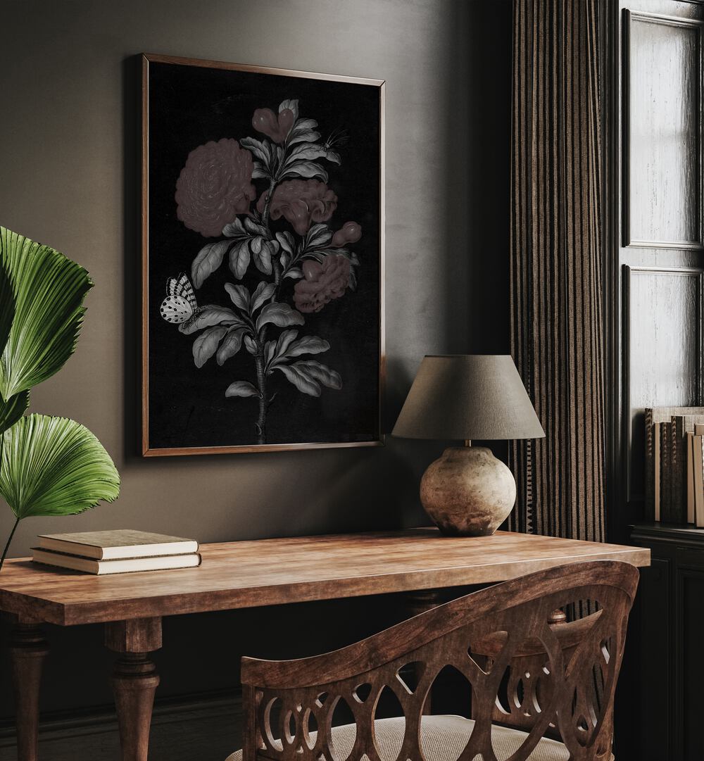 Spectral Petals i Gothic Wall Art Prints in Oak Wood Plain Frame hanging on wall above study table beside a window.