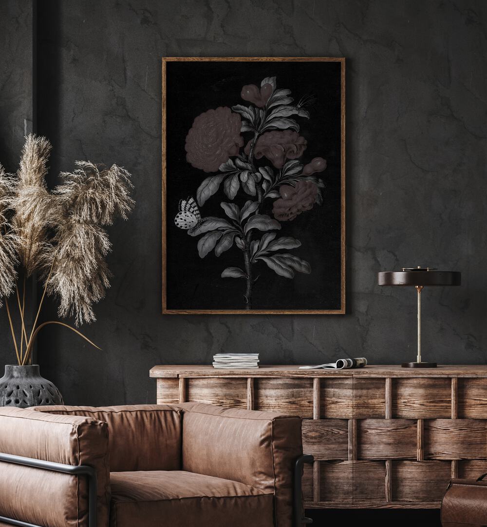 Spectral Petals i Gothic Wall Art Prints in Oak Wood Plain Frame hanging on wall above brown chair beside plant.