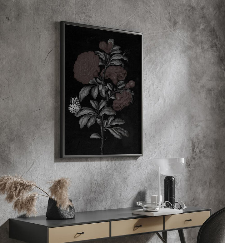 Spectral Petals i Gothic Wall Art Prints in Black Plain Frame hanging on wall above console table.