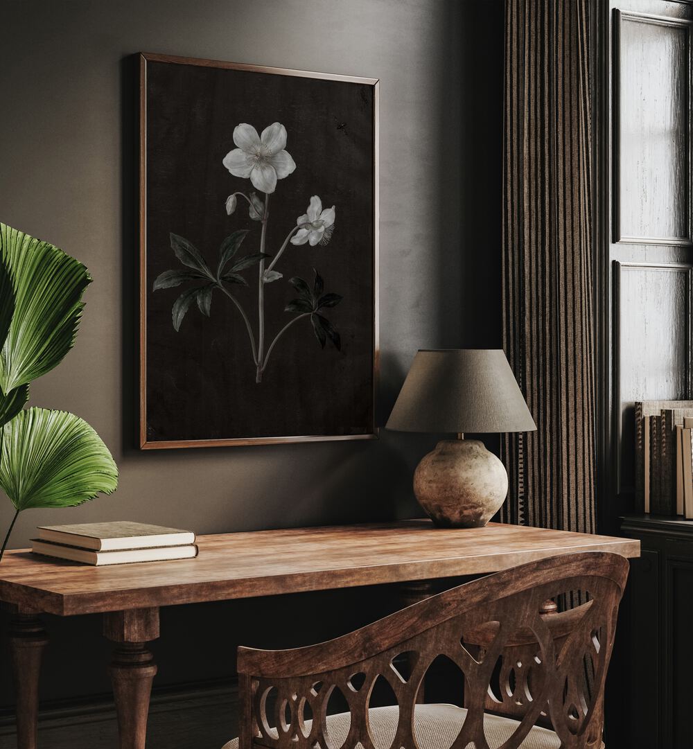 Spectral Petals ii Gothic Wall Art Prints in Oak Wood Plain Frame hanging on wall above study table beside a window.