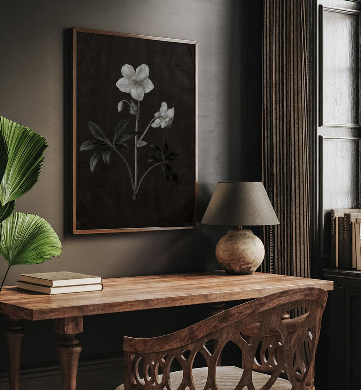 Spectral Petals ii Gothic Wall Art Prints in Oak Wood Plain Frame hanging on wall above study table beside a window.