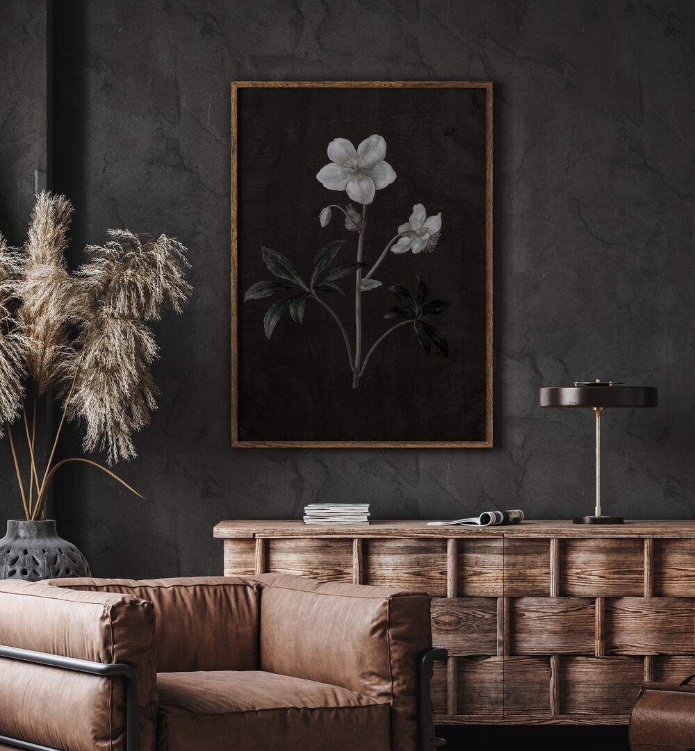 Spectral Petals ii Gothic Wall Art Prints in Oak Wood Plain Frame hanging on wall above brown chair beside plant.