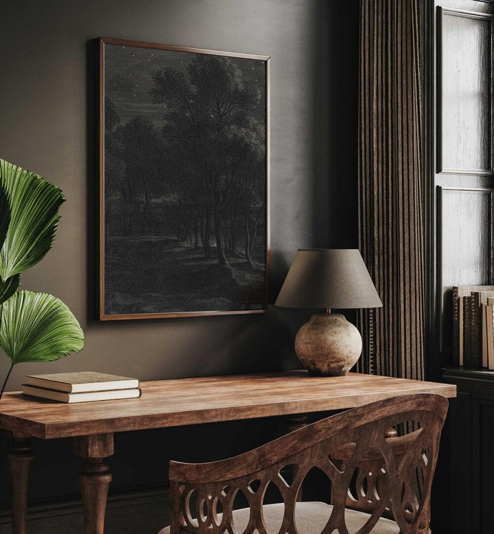 Spectral Silhouette Gothic Wall Art Prints in Oak Wood Plain Frame hanging on wall above study table beside a window.