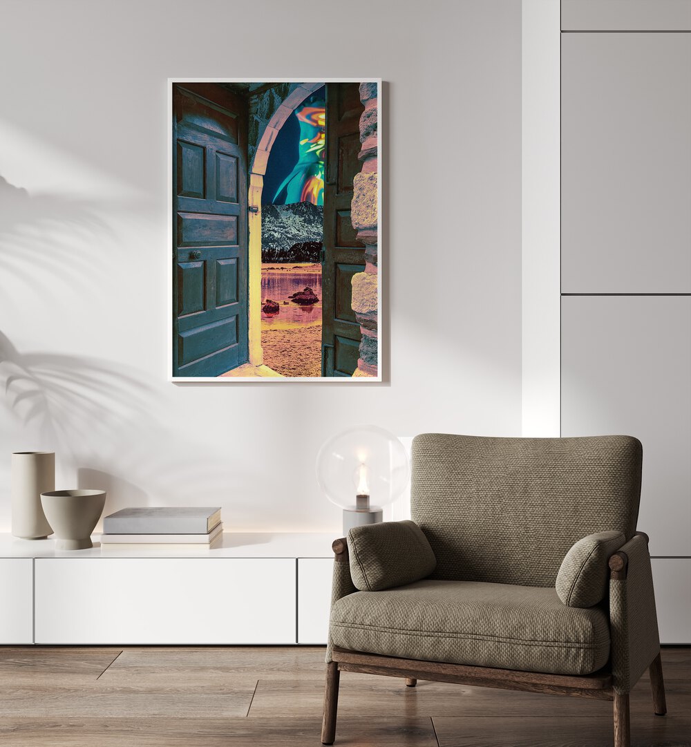 Spirit Cited By Cosmo Zach Surreal Art Prints Surrealism in White Plain Frame placed on a wall behind a sofa