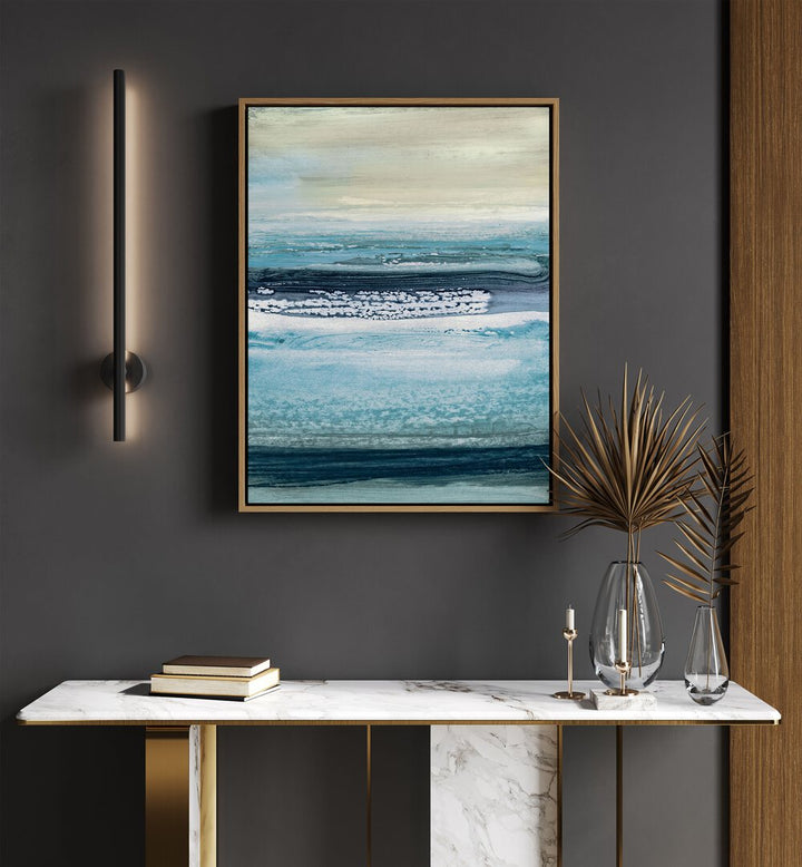 Splashed By Dan Hobday Abstract Art Abstract Paintings in Oak Wood Floater Frame placed on a Dark Grey Colored Wall above a Console Table in the Drawing Room