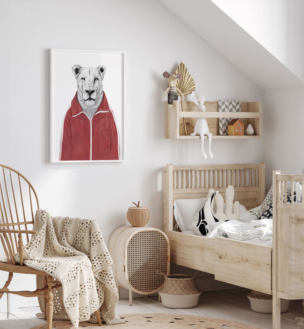 Sporty Lion By Balazs Solti Wildlife Art Prints in White Plain Frame placed on a White Colored Wall in the Kids Room 