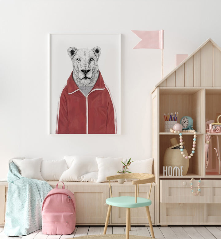 Sporty Lion By Balazs Solti Wildlife Art Prints in White Plain Frame placed on a White Colored Wall in the Kids Room