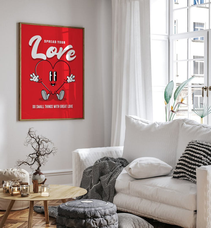 Spread Your Love Quotes and Typography Posters in Oak Wood Plain Frame placed on a wall in living room behind a sofa and window