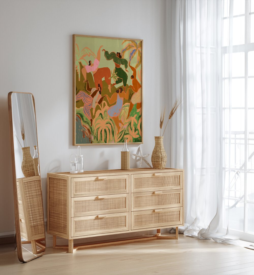 Spring Frolic By Arty Guava Wall Art Prints in Oak Wood Plain Frame placed on a White Colored Wall above a Console Table in the Drawing Room 