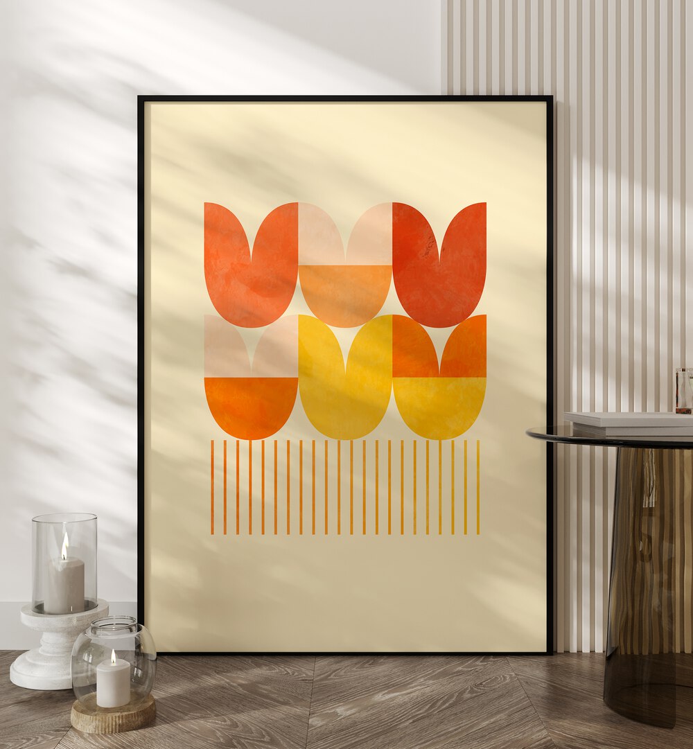 Spring Mid Raphsody Orange I By Ana Rut Bre Abstract Art Abstract Wall Art in Black Plain Frame placed on the floor beside a table