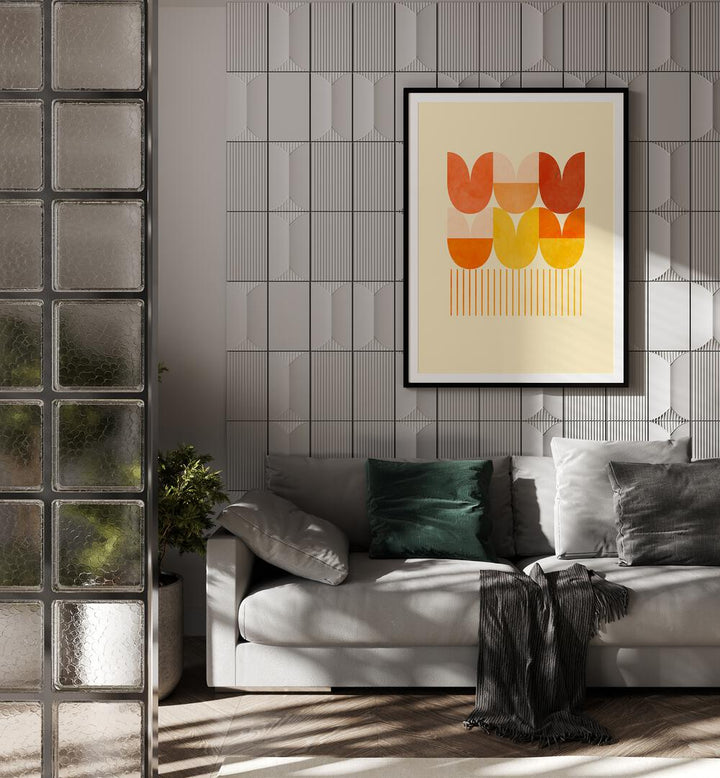 Spring Mid Raphsody Orange I By Ana Rut Bre Abstract Art Abstract Wall Art in Black Plain Frame placed on a wall behind a sofa