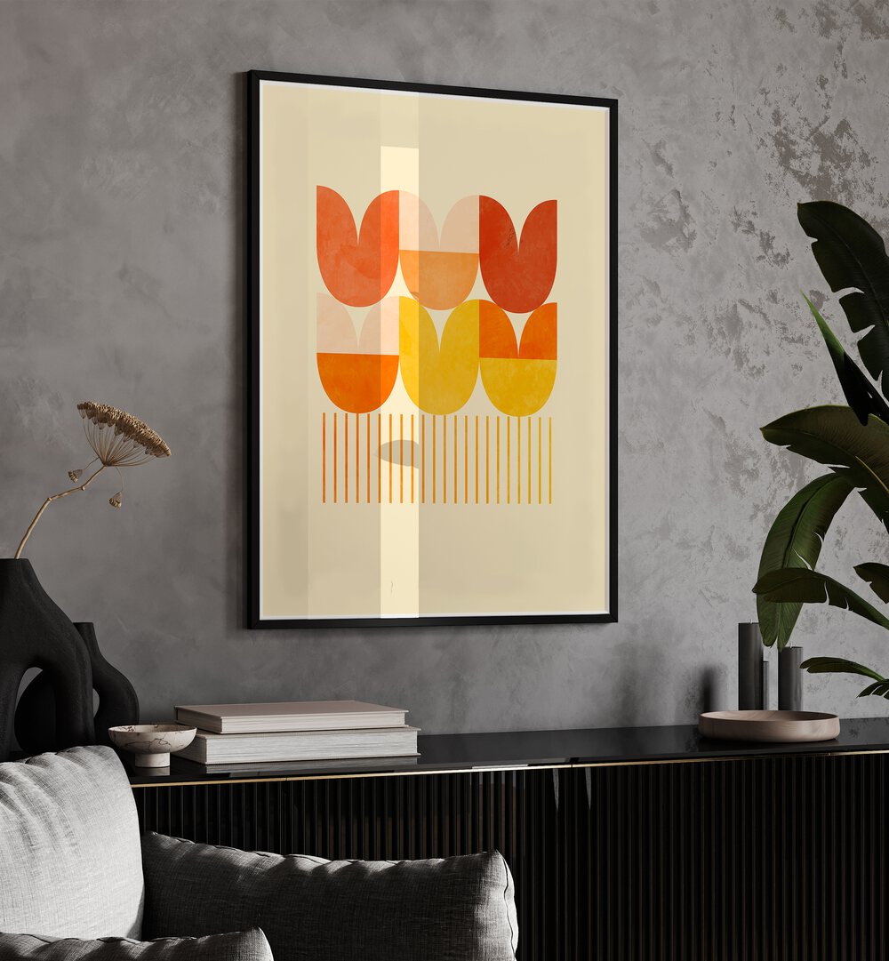 Spring Mid Raphsody Orange I By Ana Rut Bre Abstract Art Abstract Wall Art in Black Plain Frame placed on a wall behind a console table