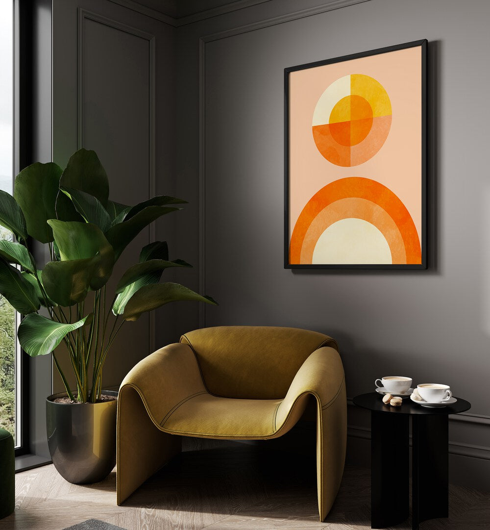 Spring Mid Raphsody Orange II By Ana Rut Bre Abstract Art Abstract Wall Art in Black Plain Frame placed on a wall behind a sofa