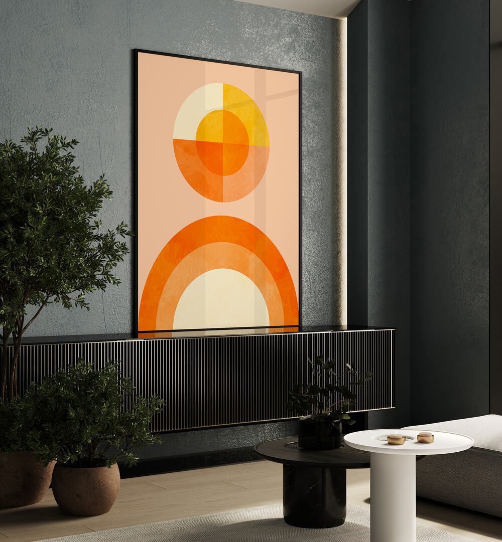 Spring Mid Raphsody Orange II By Ana Rut Bre Abstract Art Abstract Wall Art in Black Plain Frame placed on a  console table