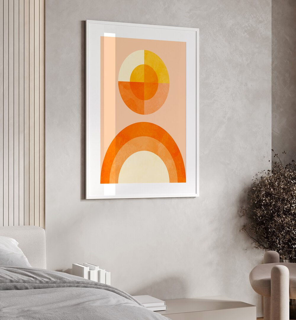 Spring Mid Raphsody Orange II By Ana Rut Bre Abstract Art Abstract Wall Art in White Frame With Mount placed on a bedroom wall beside a bed