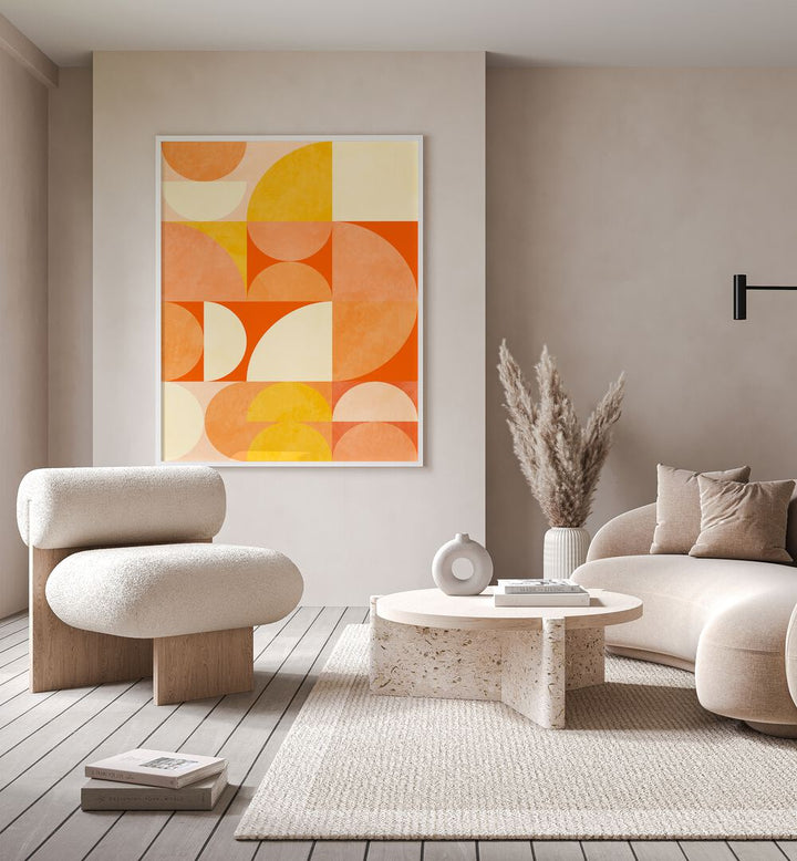 Spring Mid Raphsody Orange III By Ana Rut Bre Abstract Art Abstract Wall Art in White Plain Frame placed on a wall behind a sofa