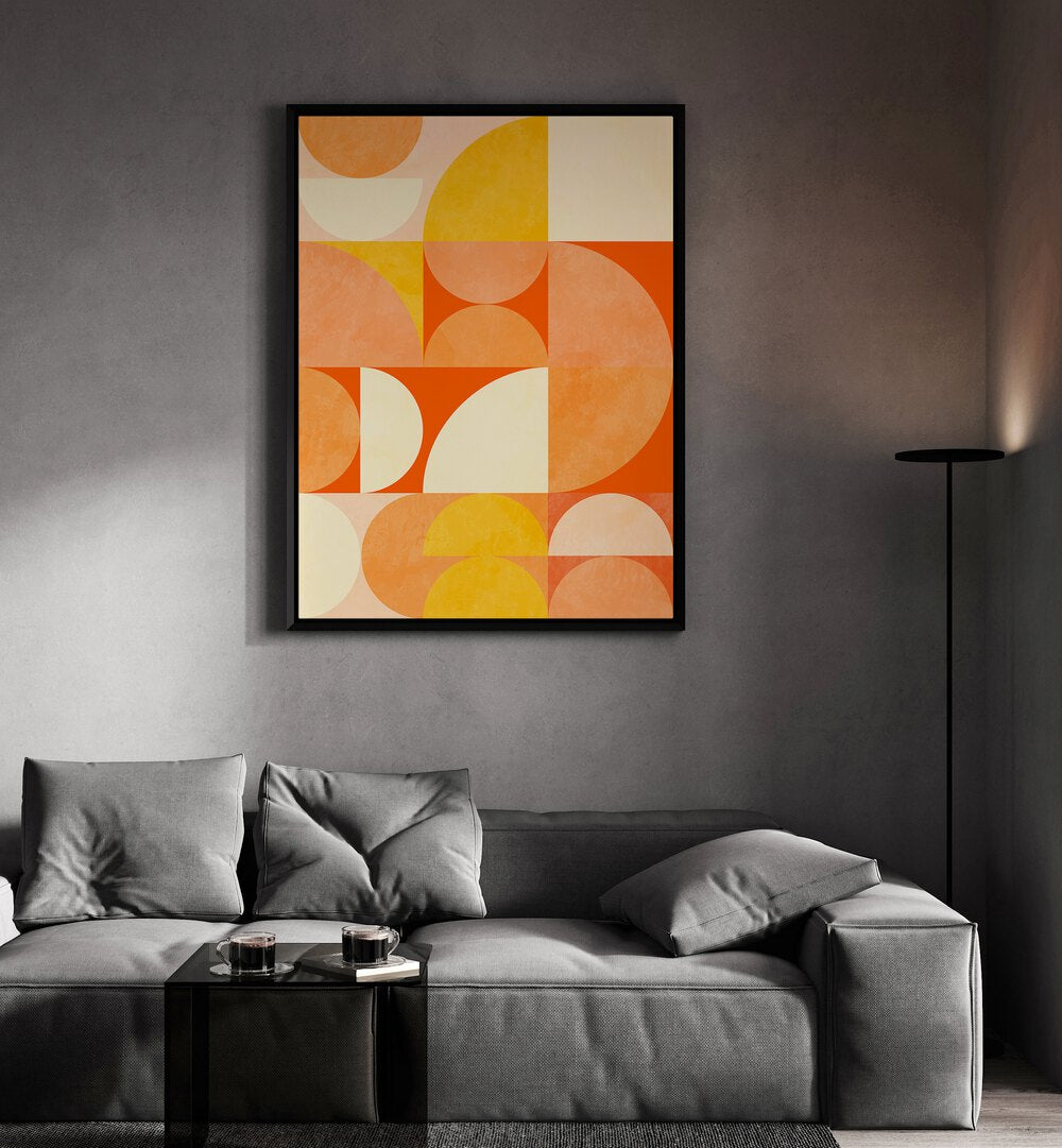 Spring Mid Raphsody Orange III By Ana Rut Bre Abstract Art Abstract Wall Art in Black Plain Frame placed on a wall behind a sofa