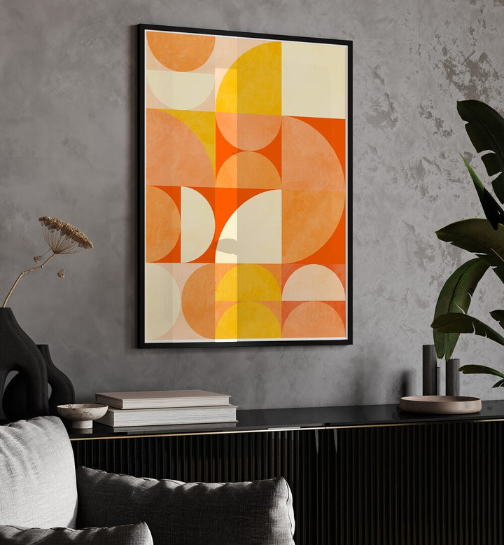 Spring Mid Raphsody Orange III By Ana Rut Bre Abstract Art Abstract Wall Art in Black Plain Frame placed on a wall behind a console table