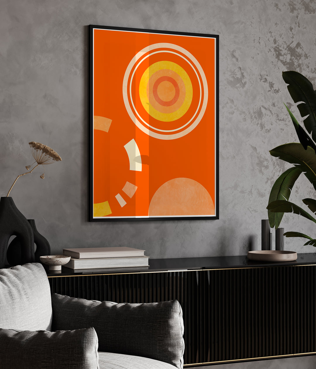 Spring Mid Raphsody Orange IV By Ana Rut Bre Abstract Art Abstract Wall Art in Black Plain Frame placed on a wall behind a console table