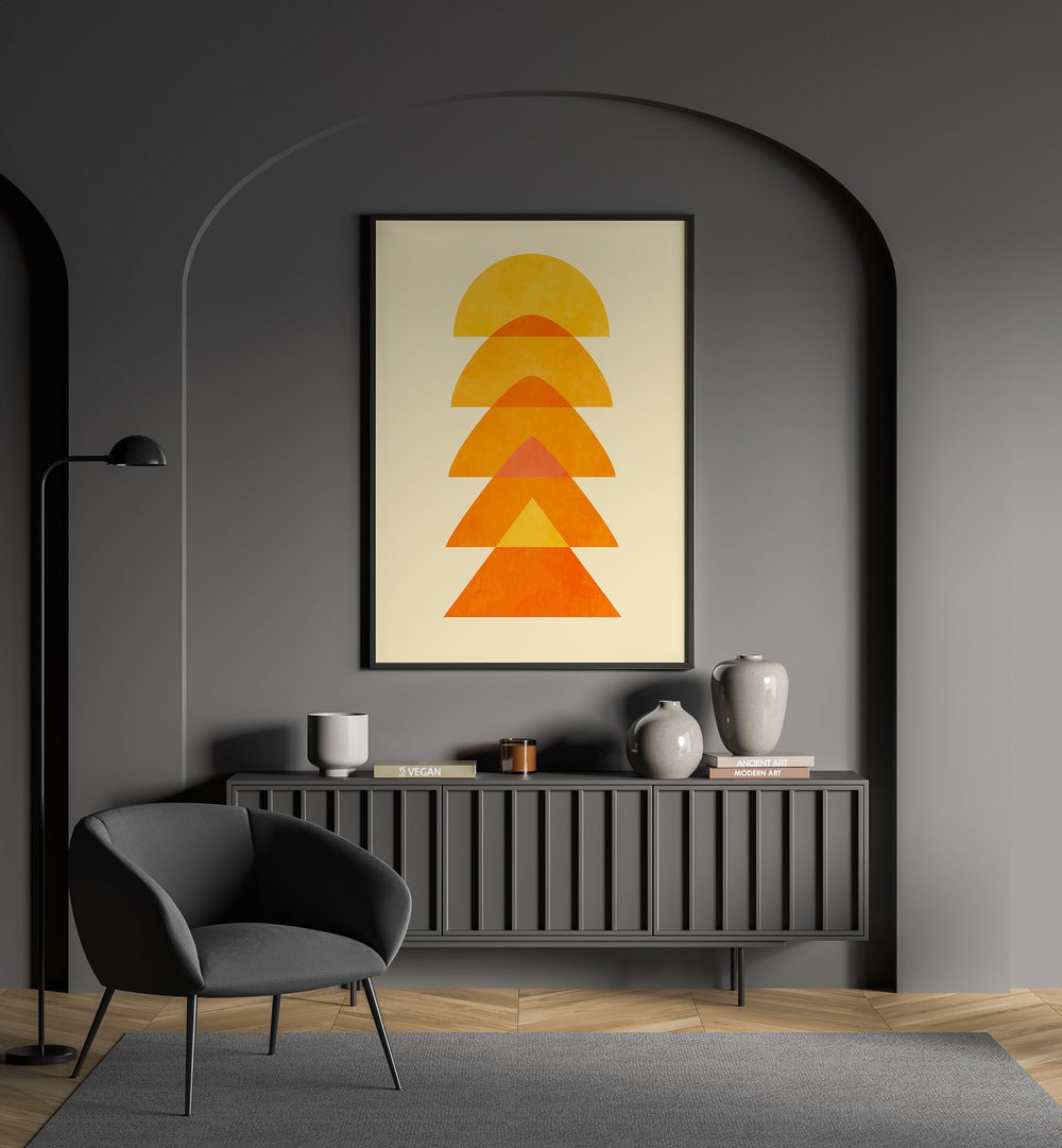 Spring Mid Raphsody Orange V By Ana Rut Bre Abstract Art Abstract Wall Art in Black Plain Frame placed on a wall behind a console table