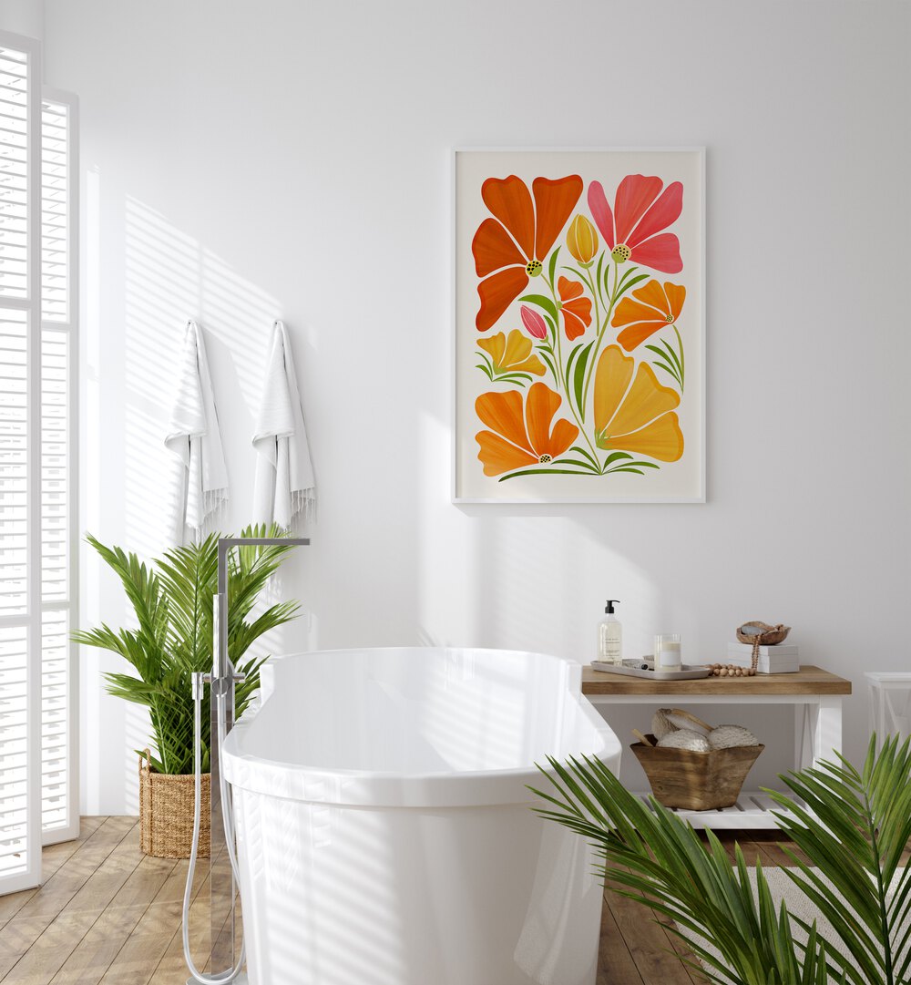 Spring Wildflowers by Kristian Gallagher Botanical Flower Paintings Floral Paintings in White Plain Frame placed on a wall in a bathroom behind a bath tub