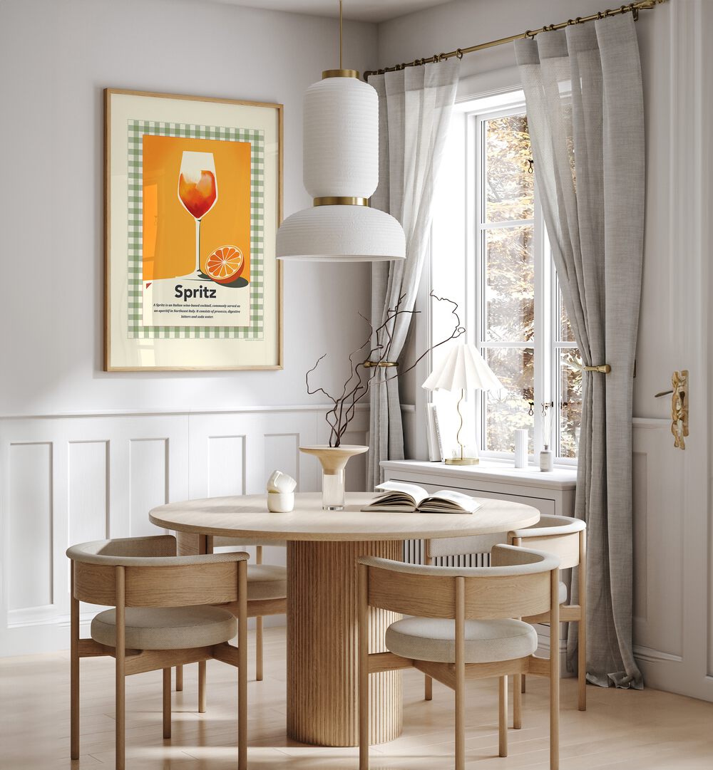 Spritz Retro Print by Studio Mandariini Kitchen Posters Kitchen Art Prints in Oak Wood Plain Frame placed on a wall in a dining room area beside a window and behind a dining table