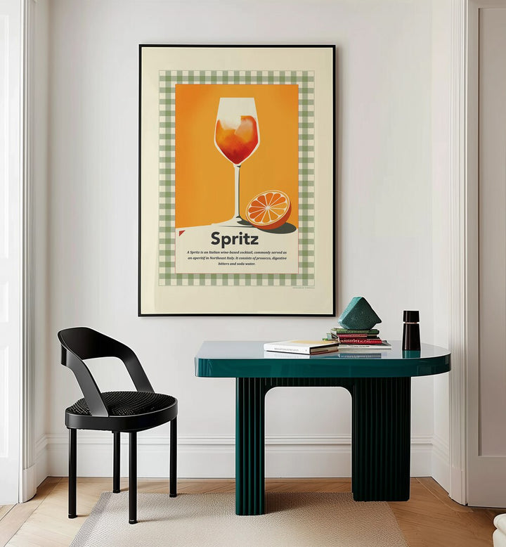 Spritz Retro Print by Studio Mandariini Kitchen Posters Kitchen Art Prints in Black Plain Frame placed on a wall behind a study table