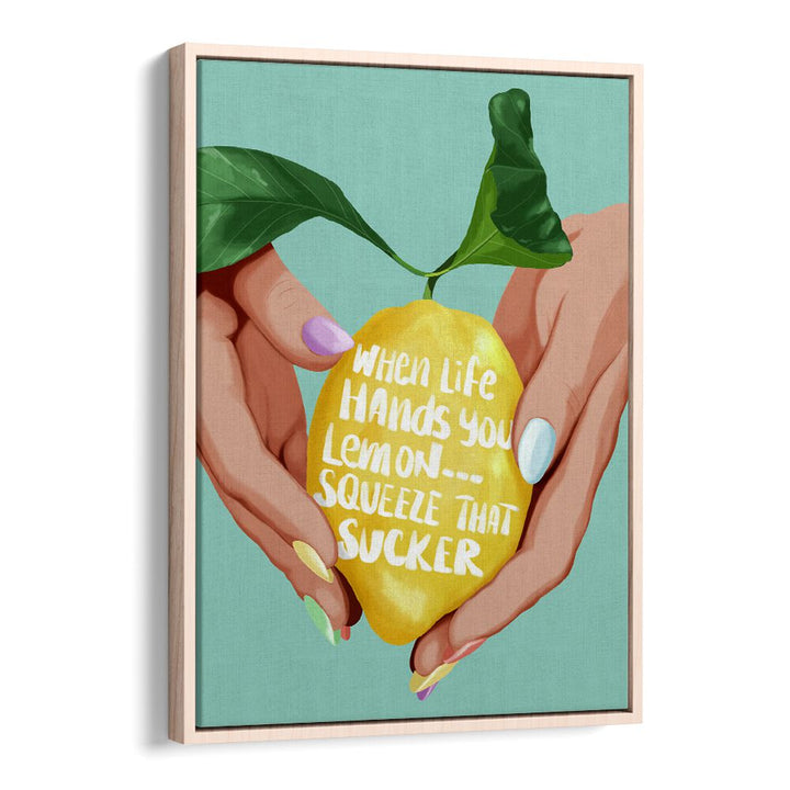 Squeeze That Lemon Kitchen Posters Kitchen Art Prints in Oak Wood Floater Frame