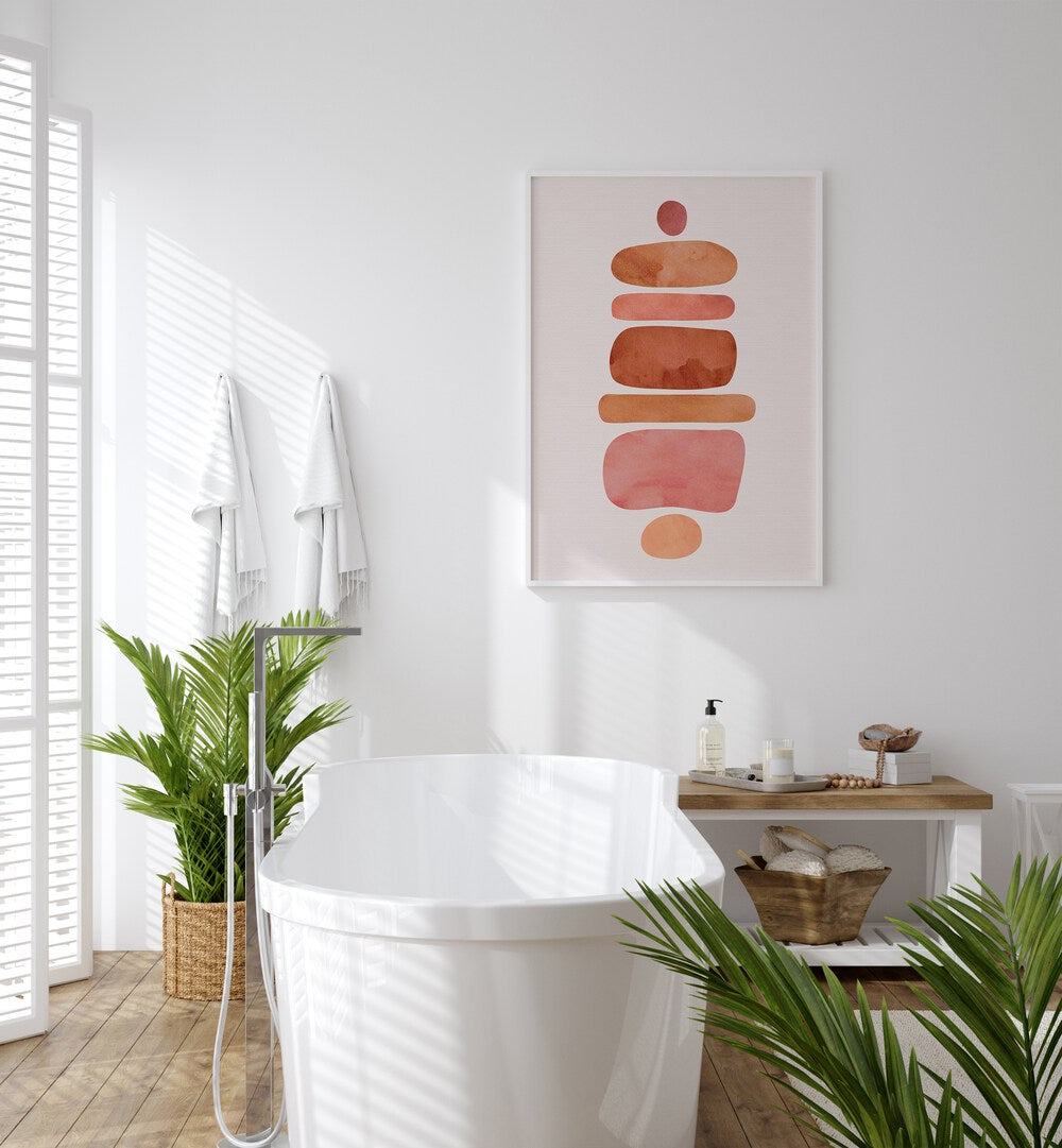 Stacked Stones by Kristian Gallagher Boho Wall Art Paintings Boho Art Prints in White Plain Frame placed on a wall in a bathroom behind a bathtub