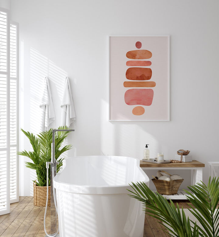 Stacked Stones by Kristian Gallagher Boho Wall Art Paintings Boho Art Prints in White Plain Frame placed on a wall in a bathroom behind a bathtub