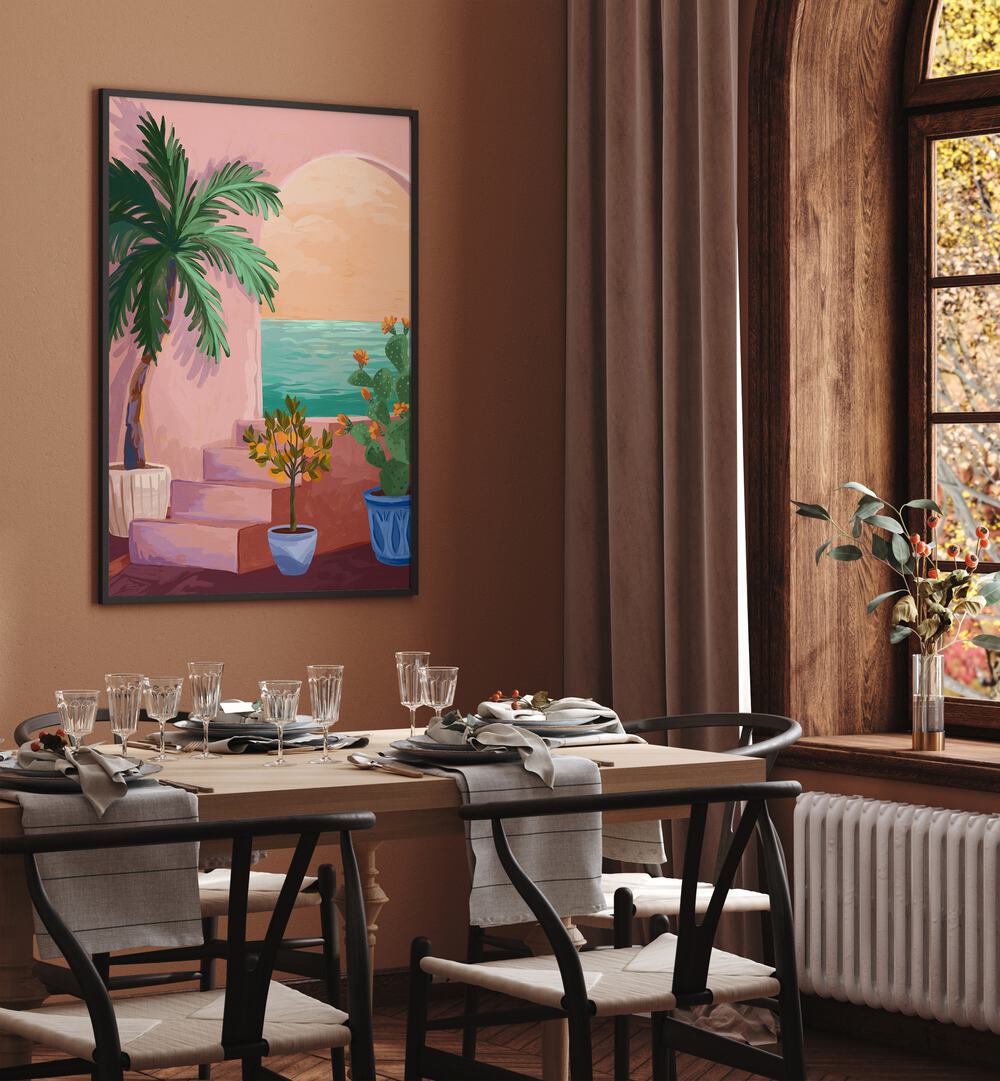 Stairway To Paradise By Goed Blauw Wall Art Prints in Black Plain Frame placed on a Brown Colored Wall near a Dining Table in the Dining Room