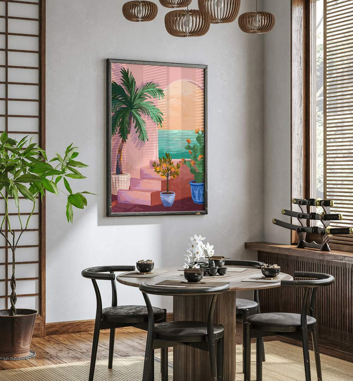 Stairway To Paradise By Goed Blauw Wall Art Prints in Dark Wood Plain Frame placed on a White Colored Wall near a Coffee Table in the Dining Room