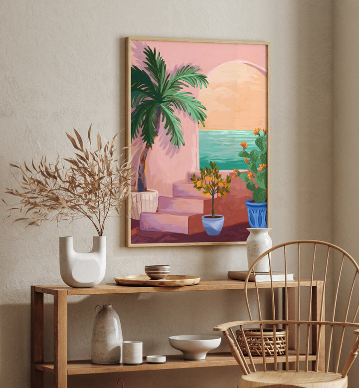 Stairway To Paradise By Goed Blauw Wall Art Prints in Oak Wood Plain Frame placed on a Cream Colored Wall above a Table in the Drawing Room