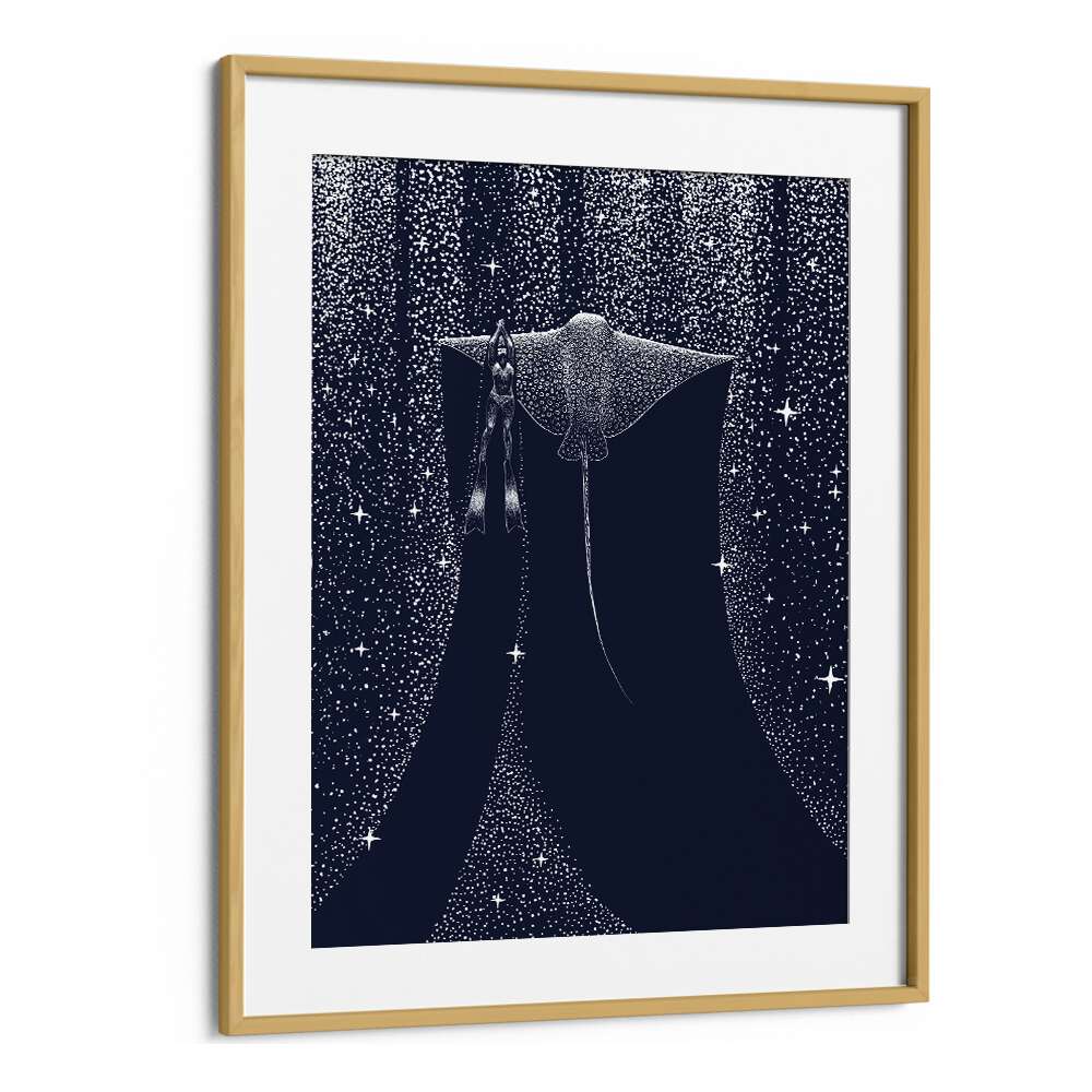 Star Collector and Diver II, surreal art print showcasing dreamlike imagery in an elegant oak frame. Perfect for art lovers.