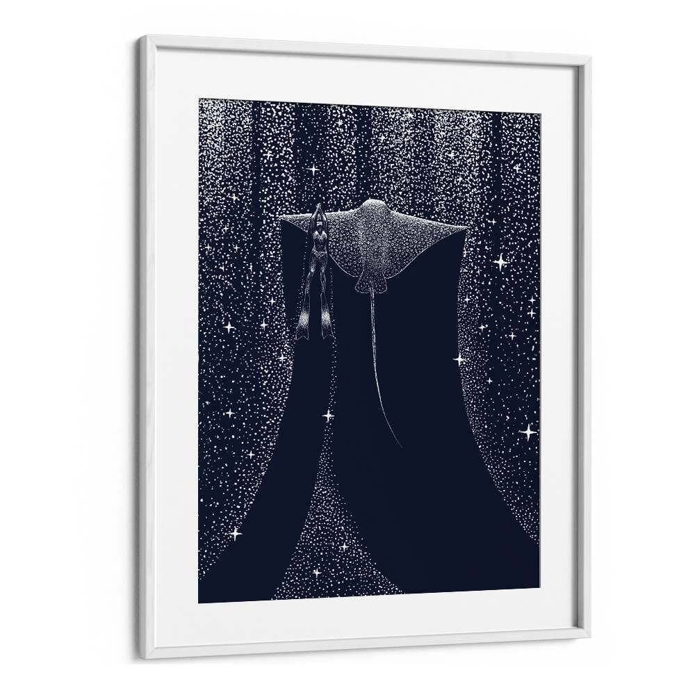 Stunning STAR COLLECTOR AND DIVER II, SURREAL ART PRINTST by Aliriza Çakır in a chic white frame, perfect for any art lover.