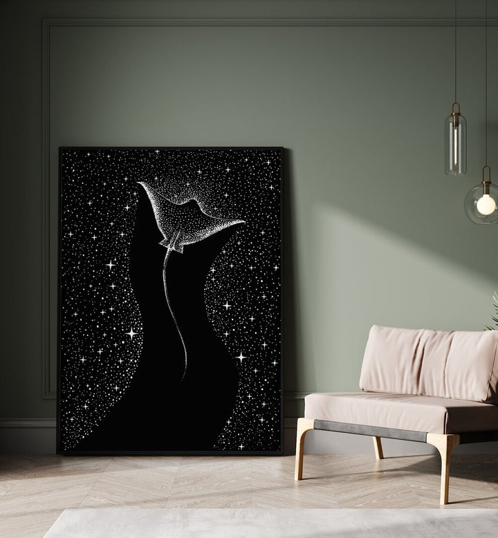 Star Collector Black Version By Aliriza Cakir Surreal Paintings Surreal Art in Black Plain Frame placed on the floor near a Green Colored Wall in the Drawing Room