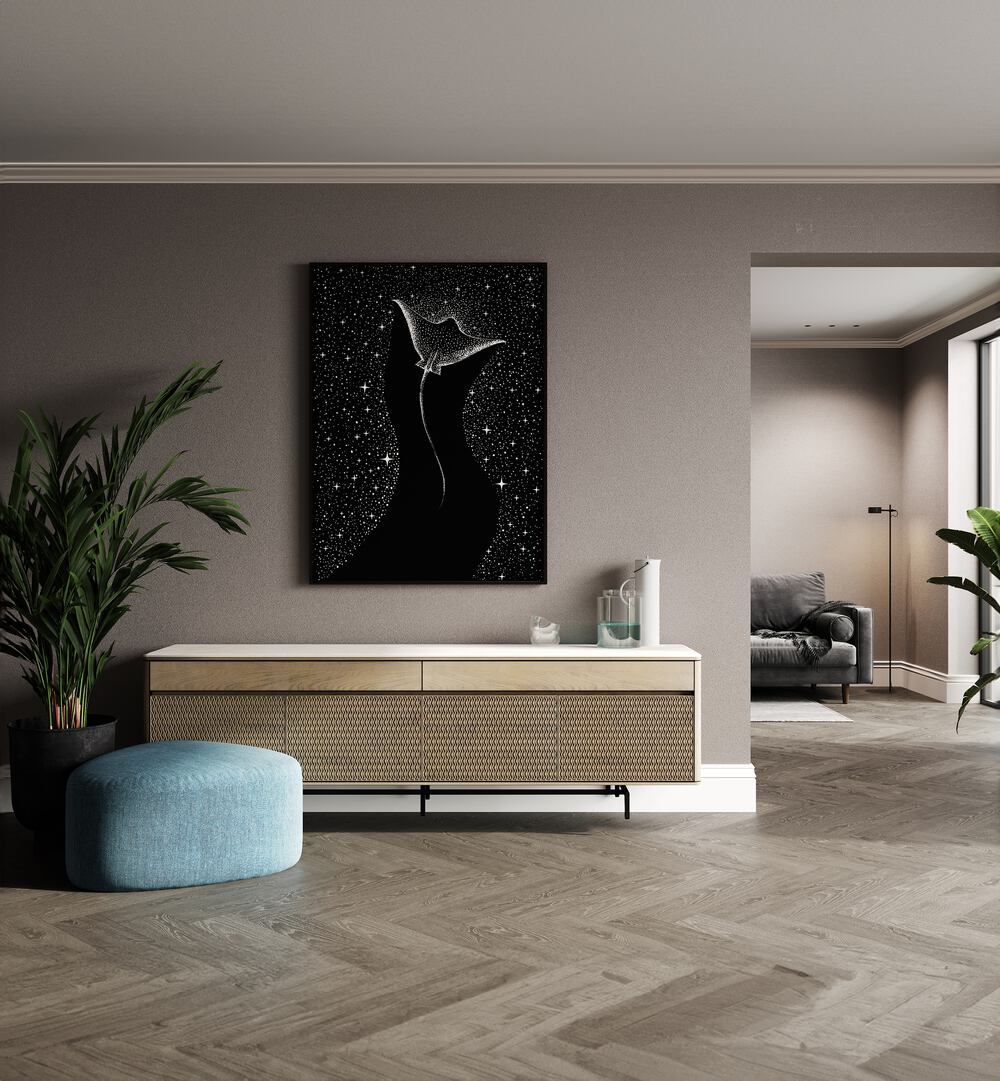 Star Collector Black Version By Aliriza Cakir Surreal Paintings Surreal Art in Black Plain Frame placed on a Beige Colored Wall above a Console Table in the Drawing Room