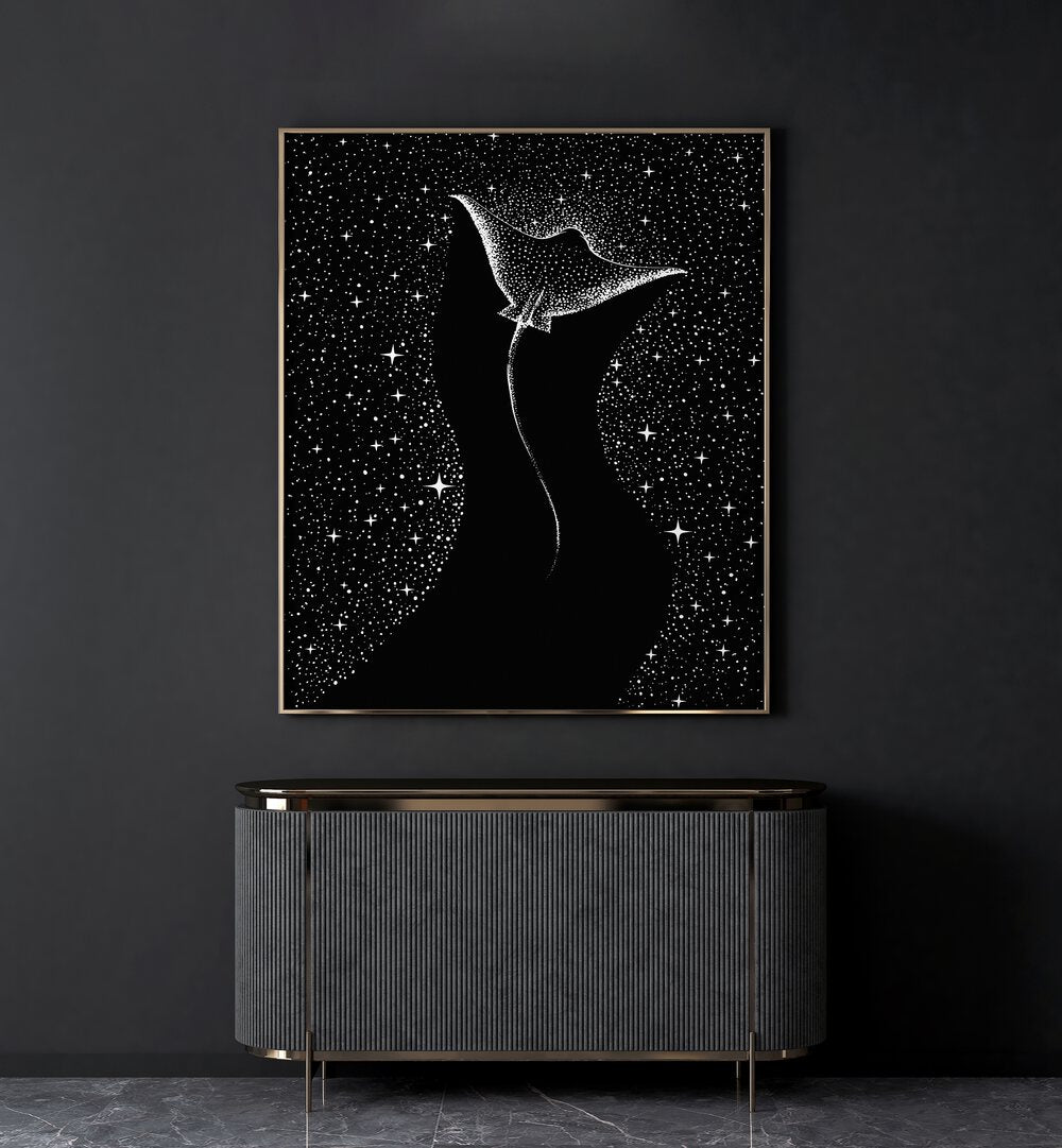 Star Collector Black Version By Aliriza Cakir Surreal Paintings Surreal Art in Gold Plain Frame placed on a Dark Grey Colored Wall above a Console Table in the Living Room