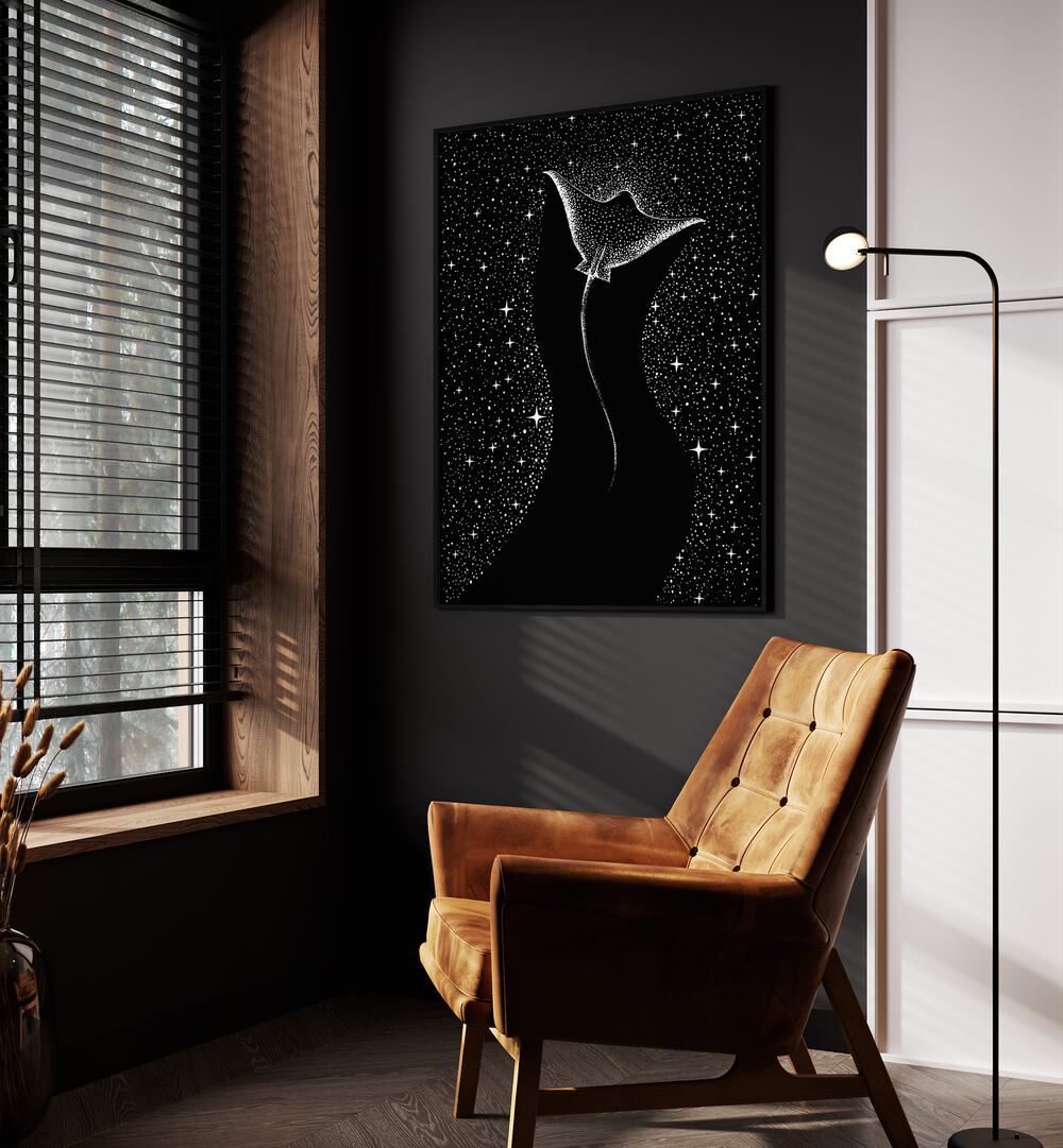 Star Collector Black Version By Aliriza Cakir Surreal Paintings Surreal Art in Black Plain Frame placed on a Dark Grey Colored Wall near a Brown Sofa Chair in the Drawing Room