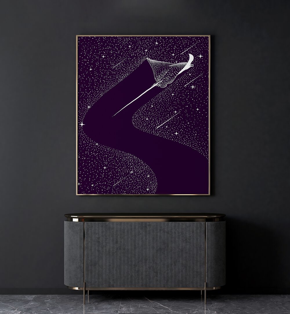 Star Collector Version II By Aliriza Cakir Surreal Paintings Surreal Art in Gold Plain Frame placed on a Dark Grey Colored Wall above a Console Table in the Living Room