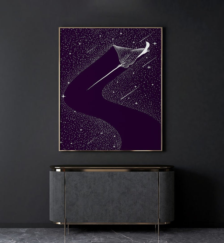 Star Collector Version II By Aliriza Cakir Surreal Paintings Surreal Art in Gold Plain Frame placed on a Dark Grey Colored Wall above a Console Table in the Living Room