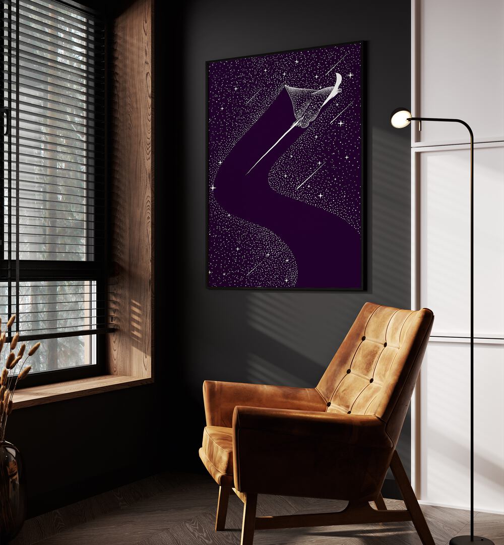 Star Collector Version II By Aliriza Cakir Surreal Paintings Surreal Art in Black Plain Frame placed on a Dark Grey Colored Wall near a Brown Sofa Chair in the Drawing Room