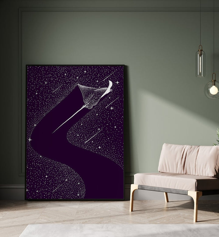 Star Collector Version II By Aliriza Cakir Surreal Paintings Surreal Art in Black Plain Frame placed on the floor near a Green Colored Wall in the Drawing Room