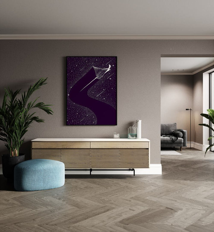 Star Collector Version II By Aliriza Cakir Surreal Paintings Surreal Art in Black Plain Frame placed on a Beige Colored Wall above a Console Table in the Drawing Room