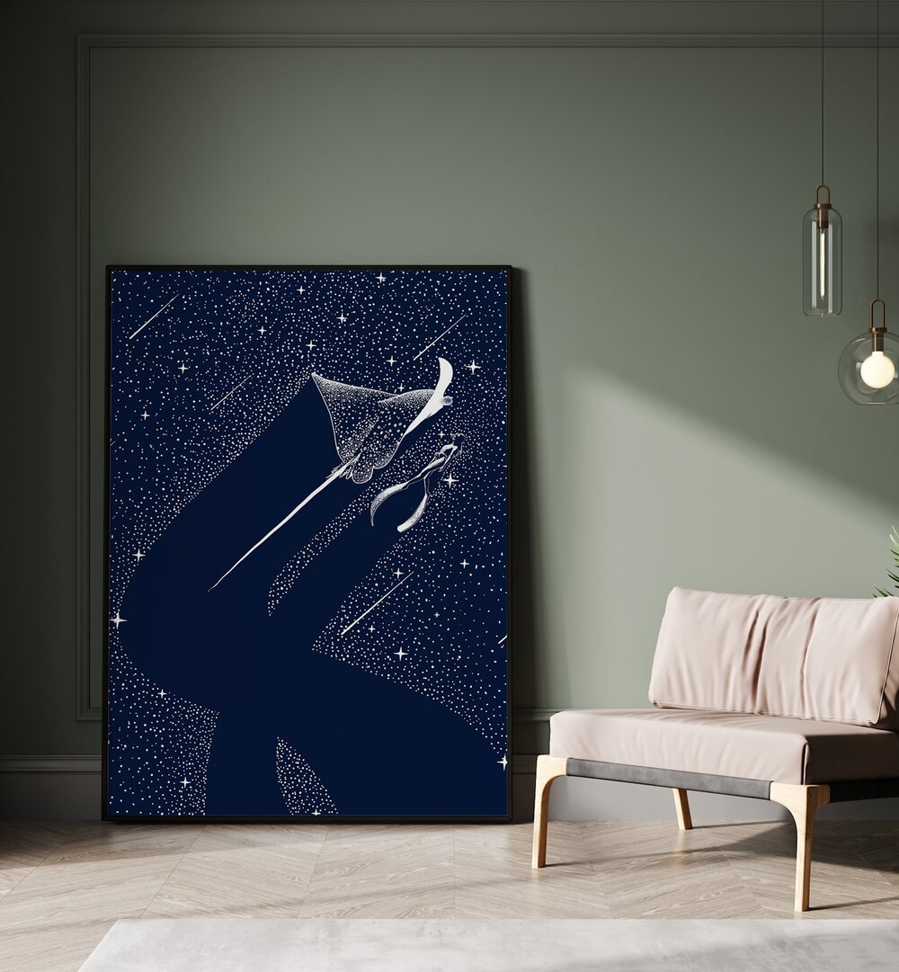 Star Eater And Diver By Aliriza Cakir Surreal Paintings Surreal Art in Black Plain Frame placed on the floor near a Green Colored Wall in the Drawing Room