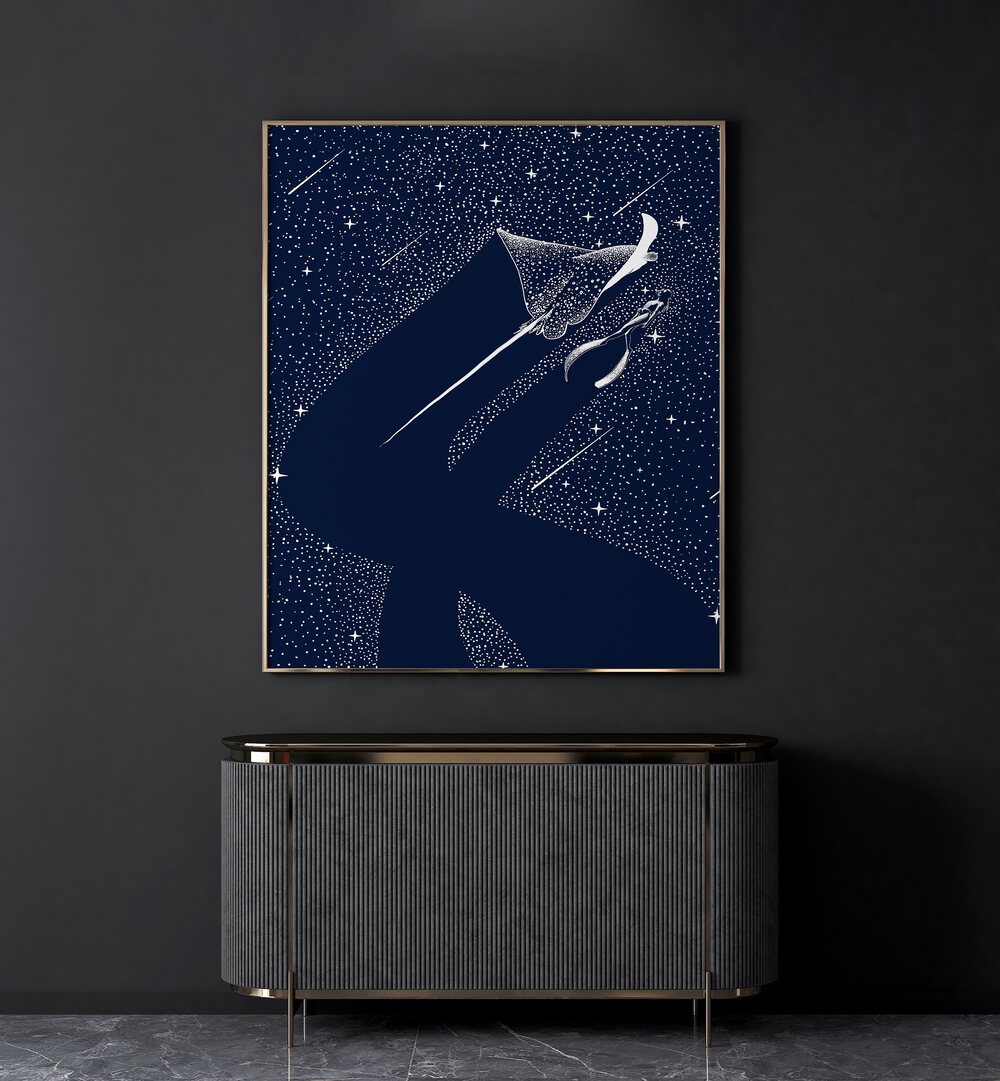 Star Eater And Diver By Aliriza Cakir Surreal Paintings Surreal Art in Gold Plain Frame placed on a Dark Grey Colored Wall above a Console Table in the Living Room