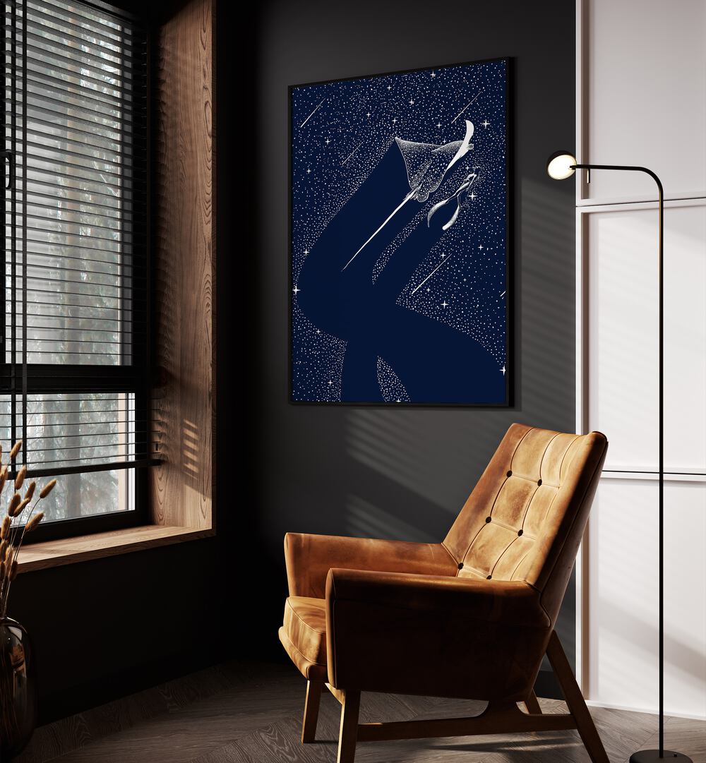 Star Eater And Diver By Aliriza Cakir Surreal Paintings Surreal Art in Black Plain Frame placed on a Dark Grey Colored Wall near a Brown Sofa Chair in the Drawing Room